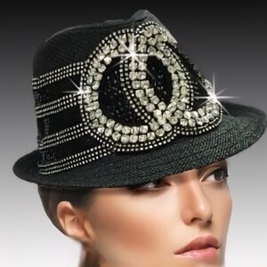 Beloved Millinery Chic Black Short Brim Fedora Panama Rhinestone Embellished Hat